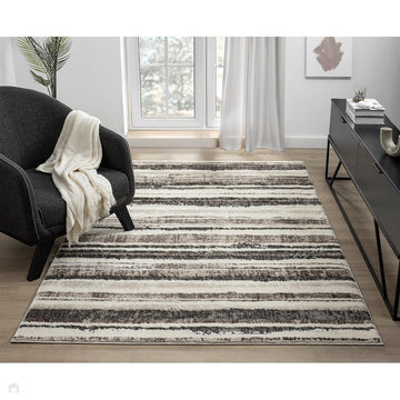 Eleanor Linear ELN02 Modern Abstract Stripe Distressed Soft-Touch High-Density Carved 3D Embossed Hi-Lo Textured Polyblend Ivory/Warm Mocha Brown/Taupe/Charcoal/Beige Rug-Desire Rugs-Rug Love - The Most Loved Rug Store